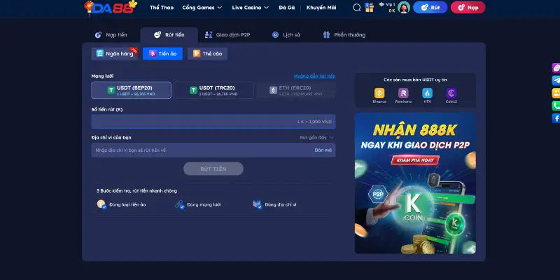 Các bước rút tiền DA88 qua tiền ảo