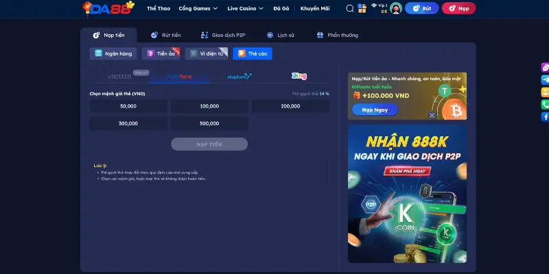 Hướng dẫn nạp tiền DA88 qua thẻ cào